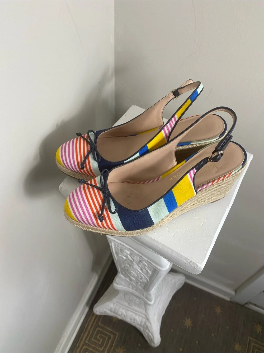kate spade Multicolor Striped Navy Trim Slingback Espadrille Wedges